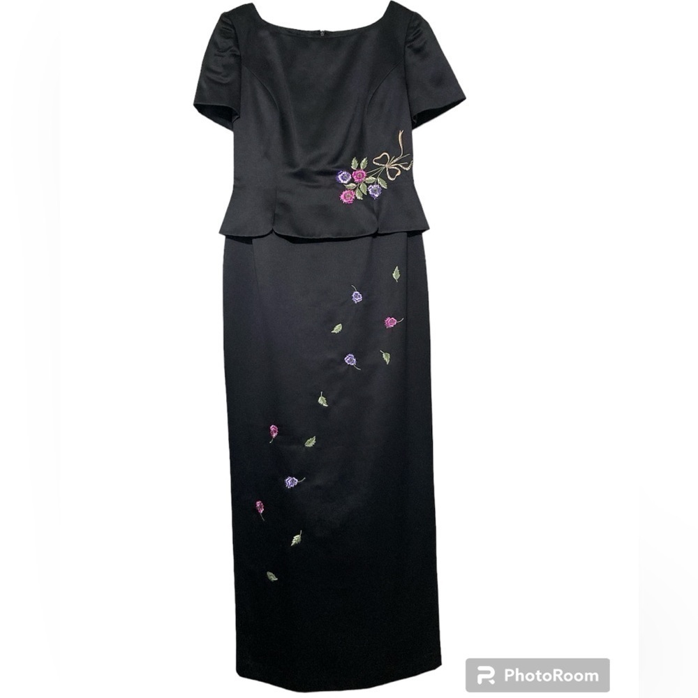 Beautiful black satin full length with embroidered flowers dress size 8